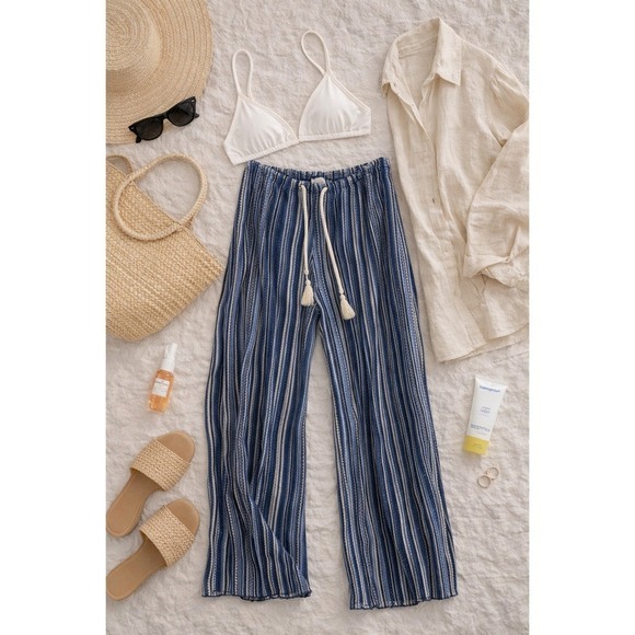 Becca Coastal Stripe Swim Cover Up Pants | Boho Resort Beach Lounge Drawstring - Picture 2 of 8